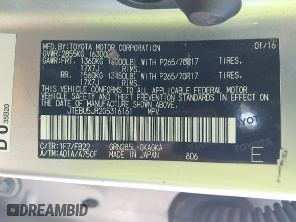 2016 Toyota 4Runner Limited with VIN JTEBU5JR2G5316161, listed as a IAAI auction lot 42151043 with 162,259 mi miles and . Bid and sale history available at DreamBid. Image 9.