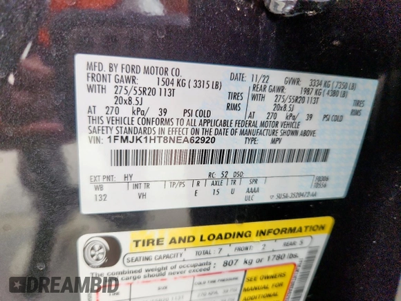 2022 Ford Expedition Max XLT z VIN 1FMJK1HT8NEA62920, wystawiony jako Copart lot #57080095 z przebiegiem 25 632 mil mil oraz Szkoda całkowita • Salvage title. Historia ofert i sprzedaży dostępna na DreamBid. Obrazek 13.