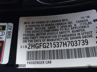 2007 Honda Civic Si with VIN 2HGFG21537H703739, listed as a IAAI auction lot 41884316 with 116,762 mi miles and . Bid and sale history available at DreamBid. Image 9.