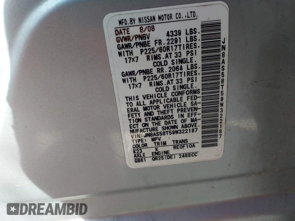 2009 Nissan Rogue SL with VIN JN8AS58T59W322187, listed as a IAAI auction lot 41843834 with Not Provided miles and . Bid and sale history available at DreamBid. Image 9.