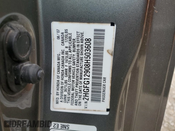2008 Honda Civic EX-L z VIN 2HGFG12908H503608, wystawiony jako Copart lot #51803425 z przebiegiem 299 168 mil mil oraz Szkoda całkowita • Salvage title. Historia ofert i sprzedaży dostępna na DreamBid. Obrazek 12.