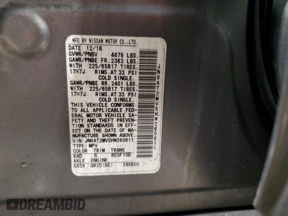 2017 Nissan Rogue SL with VIN JN8AT2MV5HW260811, listed as a Copart auction lot 45380145 with 143,158 mi miles and Salvage title. Bid and sale history available at DreamBid. Image 13.