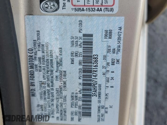 2007 Ford Fusion SE with VIN 3FAHP07147R163683, listed as a Copart auction lot 52719175 with 129,943 mi miles and Salvage Title. Bid and sale history available at DreamBid. Image 12.