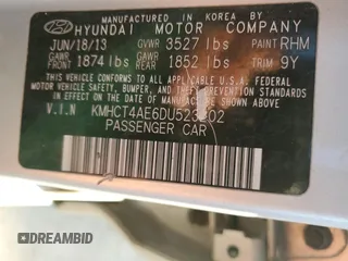 2013 Hyundai Accent GLS with VIN KMHCT4AE6DU523202, listed as a Copart auction lot 52568315 with 126,806 mi miles and Salvage Title. Bid and sale history available at carsss.com. Image 12.