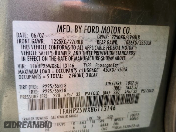 2008 Ford Taurus Limited with VIN 1FAHP25WX8G113146, listed as a Copart auction lot 69218054 with 196,159 mi miles and Salvage Title. Bid and sale history available at carsss.com. Image 12.
