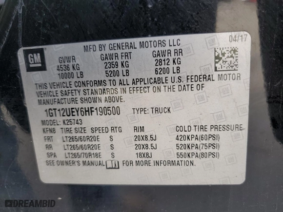 2017 GMC Sierra 2500HD Denali with VIN 1GT12UEY6HF190500, listed as a Copart auction lot 87604575 with 0 mi miles and Salvage Title. Bid and sale history available at carsss.com. Image 12.