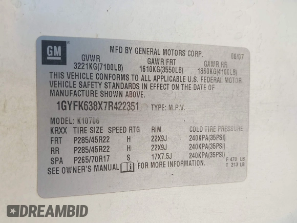 2007 Cadillac Escalade z VIN 1GYFK638X7R422351, wystawiony jako IAAI lot #42298364 z przebiegiem 263 314 mil mil oraz . Historia ofert i sprzedaży dostępna na DreamBid. Obrazek 9.