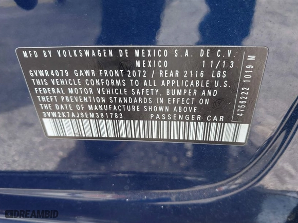 2014 Volkswagen Jetta Sedan S with VIN 3VW2K7AJ9EM391783, listed as a IAAI auction lot 41623537 with 181,097 mi miles. Bid and sale history available at carsss.com. Image 9.