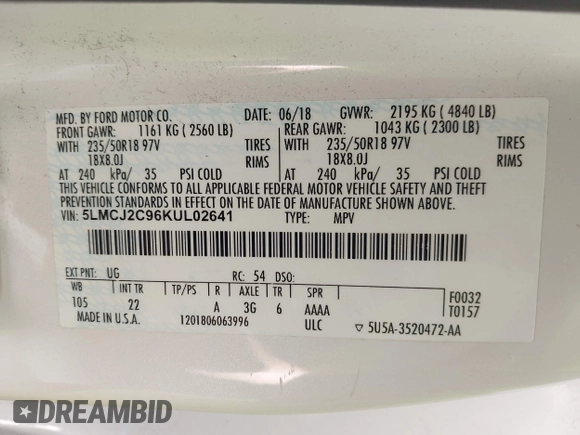 2019 Lincoln MKC Select with VIN 5LMCJ2C96KUL02641, listed as a IAAI auction lot 42303586 with 101,529 mi miles and . Bid and sale history available at DreamBid. Image 9.
