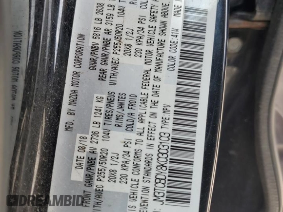 2019 Mazda CX-9 Grand Touring with VIN JM3TCBDY8K0303103, listed as a Copart auction lot 54381085 with 163,005 mi miles and Salvage Title. Bid and sale history available at DreamBid. Image 12.