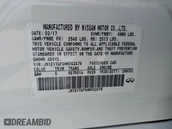 2017 Infiniti Q50 Premium z VIN JN1EV7AP0HM742479, wystawiony jako Copart lot #56358265 z przebiegiem 80 911 mil mil oraz Szkoda całkowita • Salvage title. Historia ofert i sprzedaży dostępna na DreamBid. Obrazek 12.