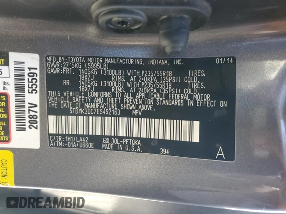 2014 Toyota Sienna XLE z VIN 5TDYK3DC7ES452163, wystawiony jako Copart lot #57534605 z przebiegiem 174 794 mil mil oraz Szkoda całkowita • Salvage title. Historia ofert i sprzedaży dostępna na DreamBid. Obrazek 14.