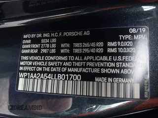 2020 Porsche Macan with VIN WP1AA2A54LLB01700, listed as a IAAI auction lot 41383568 with 49,338 mi miles and . Bid and sale history available at DreamBid. Image 9.