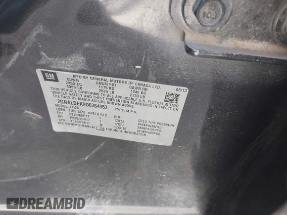 2013 Chevrolet Equinox LT with VIN 2GNALDEK9D6364953, listed as a IAAI auction lot 40941151 with 105,995 mi miles and . Bid and sale history available at DreamBid. Image 9.