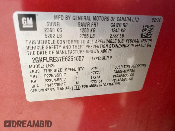 2014 GMC Terrain SLE with VIN 2GKFLRE37E6251657, listed as a Copart auction lot 45331555 with 129,781 mi miles and Salvage title. Bid and sale history available at DreamBid. Image 13.