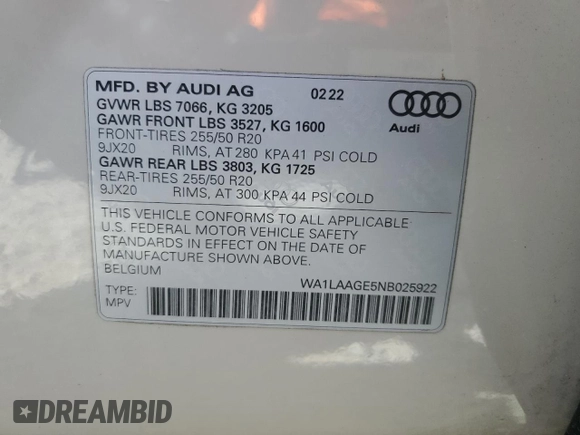 2022 Audi e-tron Premium Plus with VIN WA1LAAGE5NB025922, listed as a Copart auction lot 60321775 with 35,498 mi miles and Clean title. Bid and sale history available at DreamBid. Image 13.