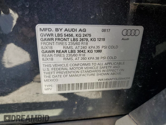 2018 Audi Q5 Premium with VIN WA1ANAFY3J2044356, listed as a Copart auction lot 57860505 with 100,341 mi miles and Salvage title. Bid and sale history available at DreamBid. Image 13.