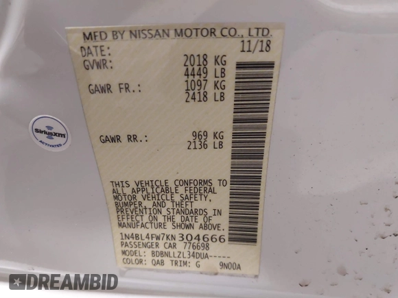 2019 Nissan Altima 2.5 Platinum with VIN 1N4BL4FW7KN304666, listed as a IAAI auction lot 41255237 with 36,863 mi miles. Bid and sale history available at carsss.com. Image 9.