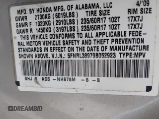 2009 Honda Odyssey Touring z VIN 5FNRL38979B052923, wystawiony jako IAAI lot #42427207 z przebiegiem 201 483 mil mil oraz . Historia ofert i sprzedaży dostępna na DreamBid. Obrazek 9.