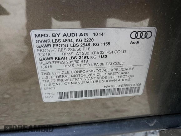 2015 Audi Q3 Premium Plus with VIN WA1EFCFS7FR005709, listed as a Copart auction lot 58533725 with 84,527 mi miles and Clean title. Bid and sale history available at DreamBid. Image 13.