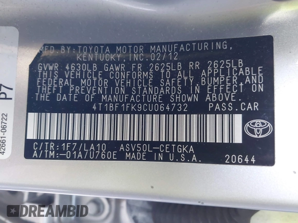 2012 Toyota Camry L with VIN 4T1BF1FK9CU064732, listed as a IAAI auction lot 41344328 with 45,759 mi miles. Bid and sale history available at carsss.com. Image 9.