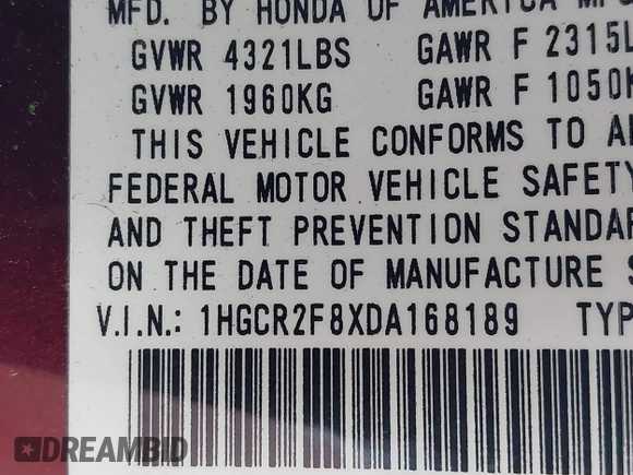 2013 Honda Accord EX-L with VIN 1HGCR2F8XDA168189, listed as a IAAI auction lot 42188246 with 235,286 mi miles and . Bid and sale history available at DreamBid. Image 9.