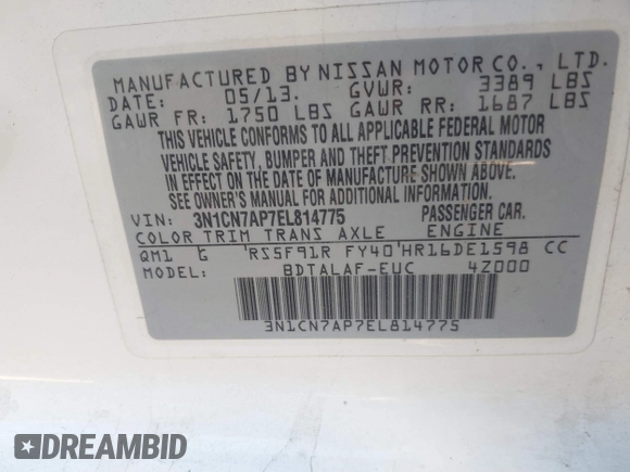 2014 Nissan Versa SV with VIN 3N1CN7AP7EL814775, listed as a IAAI auction lot 41498167 with 175,616 mi miles and . Bid and sale history available at carsss.com. Image 9.