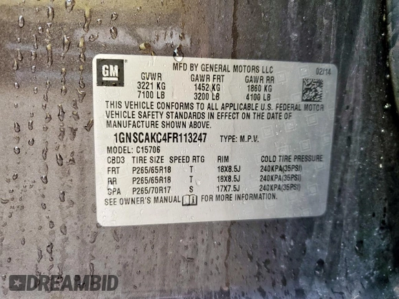 2015 Chevrolet Tahoe LS z VIN 1GNSCAKC4FR113247, wystawiony jako Copart lot #55578085 z przebiegiem 194 023 mil mil oraz Szkoda całkowita • Salvage title. Historia ofert i sprzedaży dostępna na DreamBid. Obrazek 13.