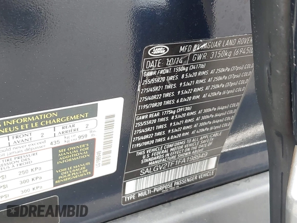 2015 Land Rover Range Rover Autobiography with VIN SALGV2TF1FA198949, listed as a IAAI auction lot 42110536 with 134,560 mi miles and . Bid and sale history available at DreamBid. Image 9.