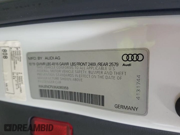 2019 Audi A5 Sportback Premium Plus with VIN WAUENCF50KA085959, listed as a Copart auction lot 49964385 with 84,310 mi miles and Salvage Title. Bid and sale history available at carsss.com. Image 14.