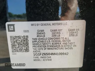 2021 Chevrolet Bolt EV Premier with VIN 1G1FZ6S04M4109942, listed as a Copart auction lot 60393574 with 46,871 mi miles and Salvage title. Bid and sale history available at DreamBid. Image 13.