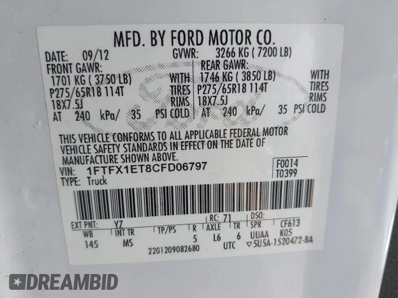 2012 Ford F-150 XL with VIN 1FTFX1ET8CFD06797, listed as a IAAI auction lot 41434957 with 194,993 mi miles. Bid and sale history available at carsss.com. Image 9.
