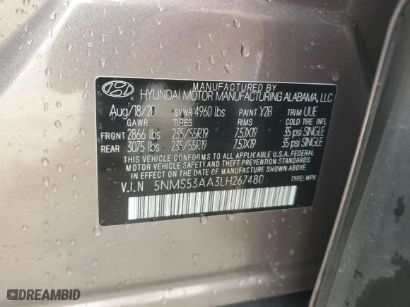 2020 Hyundai Santa Fe Limited with VIN 5NMS53AA3LH267480, listed as a Copart auction lot 43764525 with 59,413 mi miles and Salvage Title. Bid and sale history available at carsss.com. Image 13.