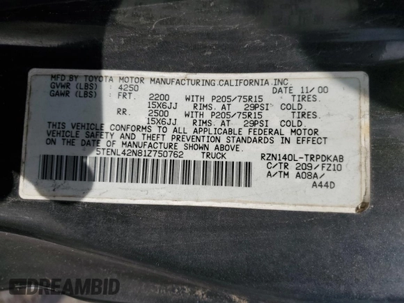 2001 Toyota Tacoma z VIN 5TENL42N81Z750762, wystawiony jako Copart lot #88701015 z przebiegiem 284 557 mil mil oraz Nie do naprawy • Non repairable. Historia ofert i sprzedaży dostępna na DreamBid. Obrazek 12.