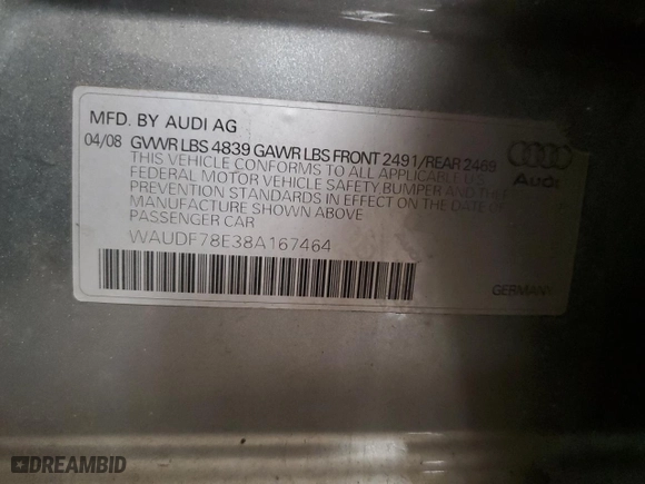 2008 Audi A4 2.0T with VIN WAUDF78E38A167464, listed as a Copart auction lot 73531914 with 170,888 mi miles and Clean Title. Bid and sale history available at carsss.com. Image 14.