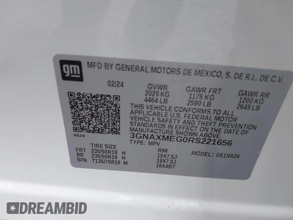 2024 Chevrolet Equinox RS with VIN 3GNAXMEG0RS221656, listed as a IAAI auction lot 42536858 with Not provided miles and . Bid and sale history available at DreamBid. Image 9.