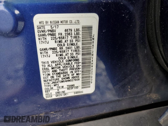 2017 Nissan Rogue S with VIN JN8AT2MV4HW027809, listed as a Copart auction lot 71793842 with 68,461 mi miles and . Bid and sale history available at DreamBid. Image 14.