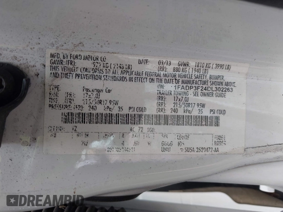 2013 Ford Focus SE with VIN 1FADP3F24DL302263, listed as a IAAI auction lot 42672666 with 207,805 mi miles and . Bid and sale history available at DreamBid. Image 9.