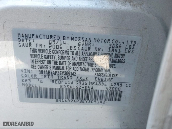 2014 Nissan Sentra SR with VIN 3N1AB7AP3EY309142, listed as a IAAI auction lot 41736206 with 200,238 mi miles. Bid and sale history available at carsss.com. Image 9.