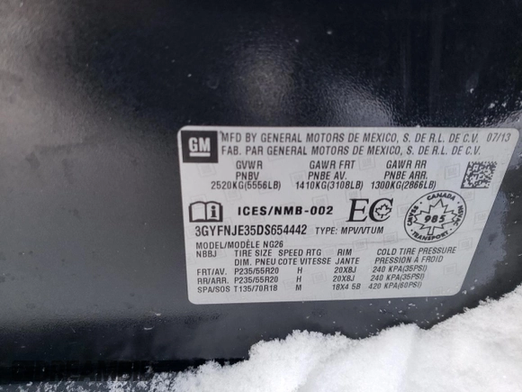 2013 Cadillac SRX Premium Collection with VIN 3GYFNJE35DS654442, listed as a Copart auction lot 43069785 with Not provided miles and Salvage title. Bid and sale history available at DreamBid. Image 12.