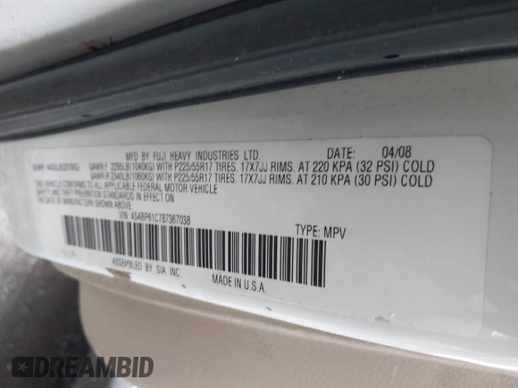 2008 Subaru Outback i with VIN 4S4BP61C787367038, listed as a IAAI auction lot 42738110 with 81,692 mi miles and . Bid and sale history available at DreamBid. Image 9.