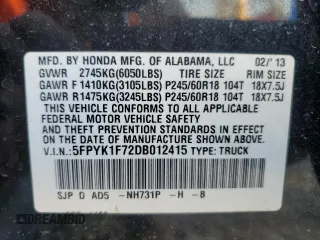 2013 Honda Ridgeline Sport with VIN 5FPYK1F72DB012415, listed as a Copart auction lot 76933314 with 97,727 mi miles and Clean Title. Bid and sale history available at carsss.com. Image 12.