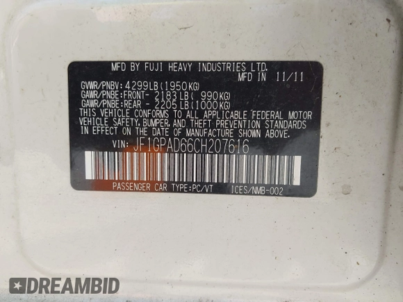 2012 Subaru Impreza Premium with VIN JF1GPAD66CH207616, listed as a IAAI auction lot 42276647 with 116,929 mi miles and . Bid and sale history available at DreamBid. Image 9.