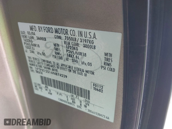 2004 Ford F-150 XL с VIN 1FTPX12514NB74239, выставлен на аукционе IAAI как лот 40883919 с пробегом 202 880 миль миль и . История ставок и продаж доступна на DreamBid. Изображение 9.