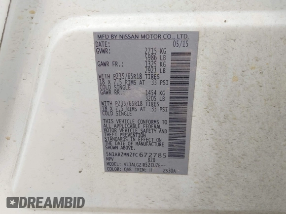 2015 Nissan Pathfinder S with VIN 5N1AR2MN2FC672785, listed as a IAAI auction lot 42535243 with 143,209 mi miles and . Bid and sale history available at DreamBid. Image 9.