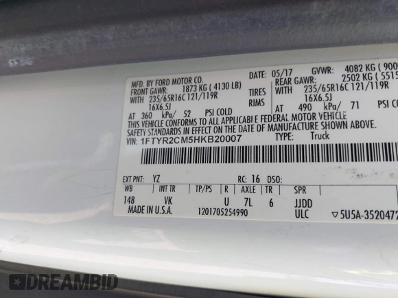 2017 Ford Transit с VIN 1FTYR2CM5HKB20007, выставлен на аукционе IAAI как лот 42571460 с пробегом 107 998 миль миль и . История ставок и продаж доступна на DreamBid. Изображение 9.