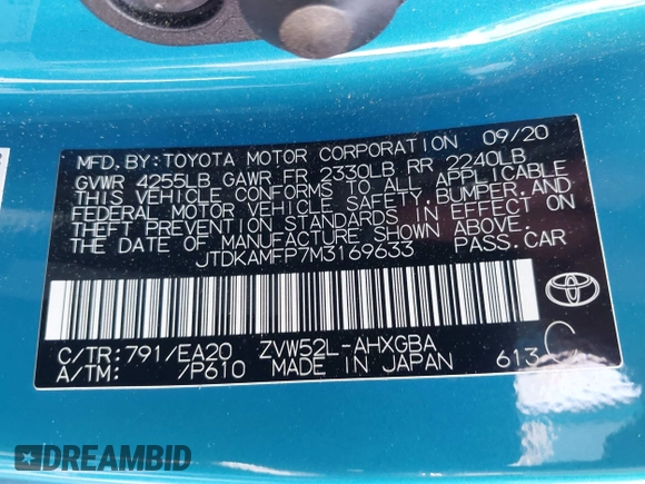 2021 Toyota Prius LE with VIN JTDKAMFP7M3169633, listed as a IAAI auction lot 41986170 with 55,925 mi miles and . Bid and sale history available at DreamBid. Image 9.