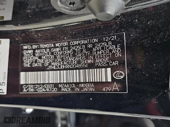 2022 Lexus UX with VIN JTHE3JBHXN2048556, listed as a Copart auction lot 53814865 with 199,622 mi miles and Clean Title. Bid and sale history available at carsss.com. Image 10.