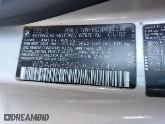 2002 BMW 3 Series 330Ci with VIN WBABN53412JU26649, listed as a Copart auction lot 72139944 with 214,534 mi miles and Salvage Title. Bid and sale history available at DreamBid. Image 13.