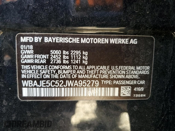 2018 BMW 5 Series 540i with VIN WBAJE5C52JWA95279, listed as a Copart auction lot 88995395 with Not provided miles and Salvage title. Bid and sale history available at DreamBid. Image 13.